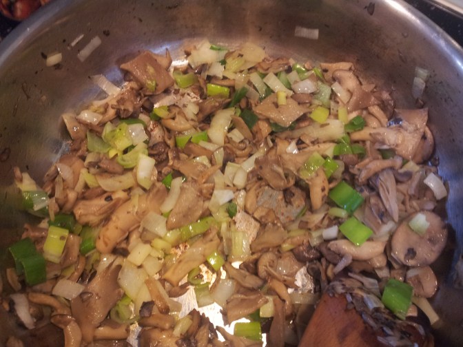 caramelising 3 different mushrooms + leek + yellow onions