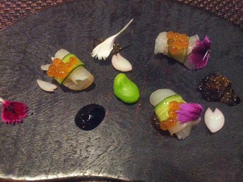 tai sashimi topped with ikura - so pretty (every item edible!)