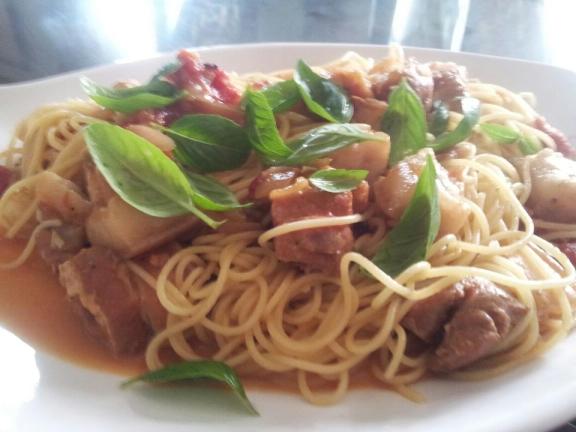 belly pork arrabiatta spaghetti