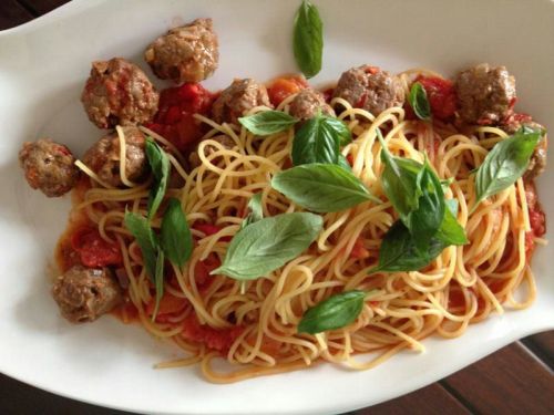 beef meatballs arrabiata spaghetti