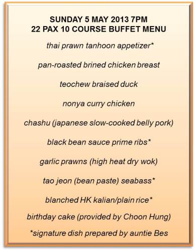 55yrs Get Together - Andy Homecooked 22pax Buffet Menu 7pm Sunday 5.5.2013