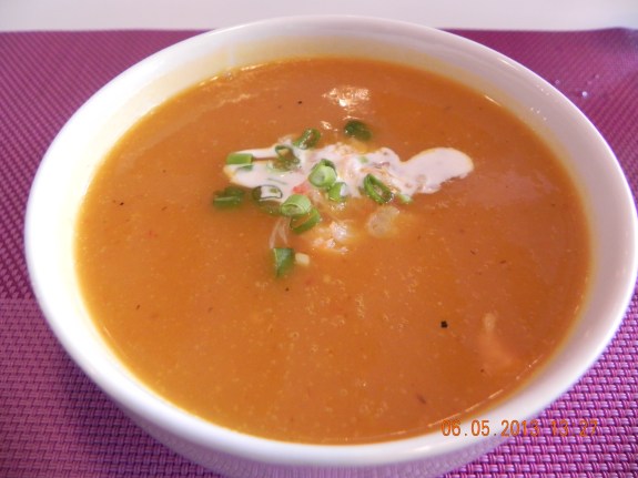 tom yam pumpkin soup with tiny lobster morsels