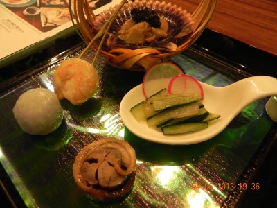 scallop with truffle,anago,miso prawn,lily bulb & cucumber