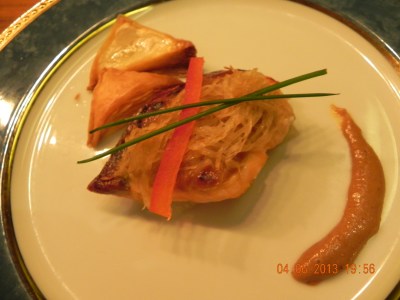 grilled salmon with foie gras sauce & miso & french pastry