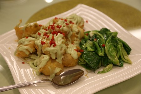 wasabi mayo prawn fritters with Thai kailan