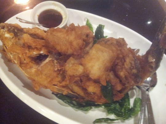 deep-fried whole garoupa with 3-flavoured sauce (S$39)