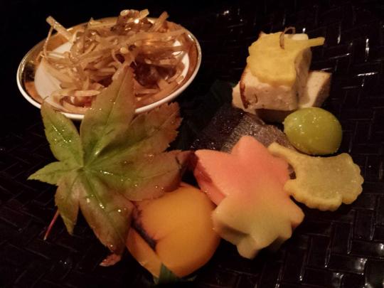 sensai (前菜) platter - tofu, ginko nuts, a momiji (maple) flour cake. chestnut etc