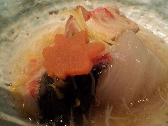 steamed crabmeat, tofu, seaweed, melon dish