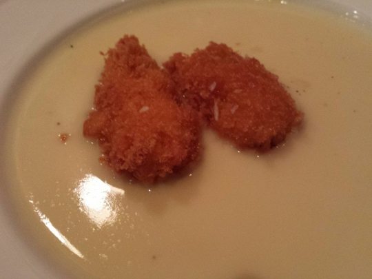 leek & potato soup with deep fried oysters