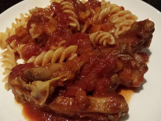 slow-roast oven pork ribs (5hr at 100degC) with pasta