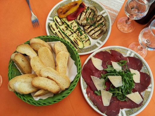 beef carpaccio, grilled eggplants, toasts