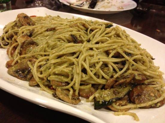 pesto spaghetti with grilled eggplant, zucchini & mushrooms
