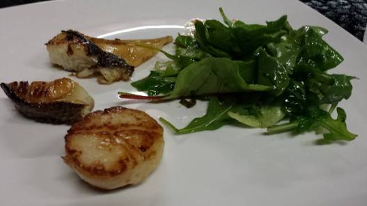 pan seared teriyaki cod, hokkaido scallops, mesclun salad