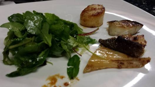 pan seared teriyaki cod, squid, hokkaido scallops, mesclun salad