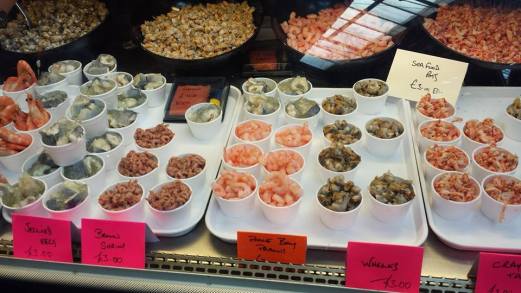 prawns, jellied eels, whelks, crayfish salad