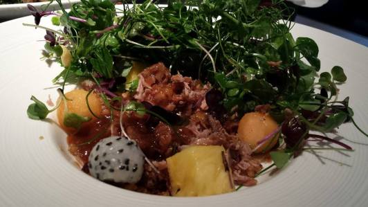 #1 crispy duck salad - pulled duck with crispy skin, melon, dragon fruits & salad