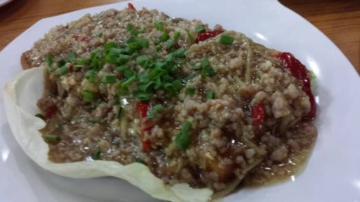 minced pork, salted fish on deep-fried bean curd