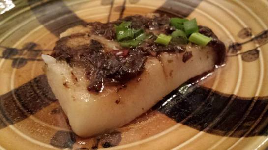 #3 steamed cod with preserved olive vegetables & black beans