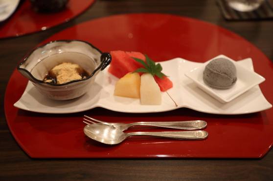 dessert - mochi, fruits, black sesame ice cream