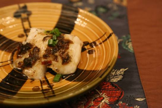 #3 steamed cod with preserved olive vegetables & black beans