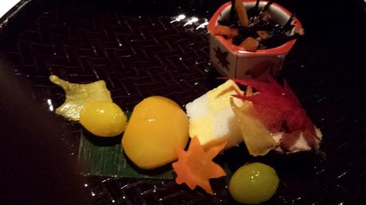 #2 ayu fish, tam ago, ginkgo nuts, chestnut, crispy sweet potato, seaweed