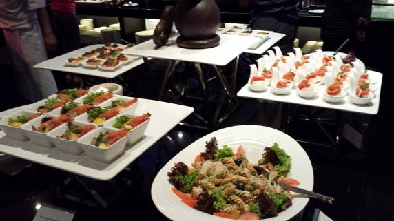 appetizers - smoked salmon, prawns, cold pasta, plus a marinated saba