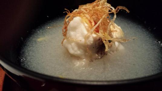 #5 crispy sweet potatoes on steamed sea bream on japaenese rice cake