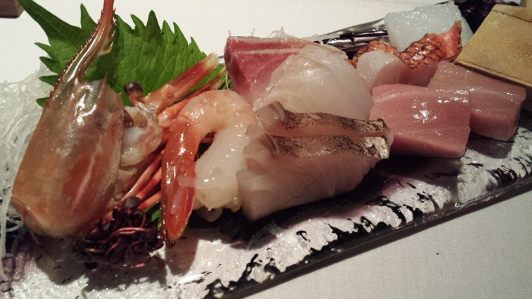 #4 sashimi moriawase 1pax = botan ebi, sawala (spanish mackerel), chutoro, ika, kinmedai, tai, hamachi