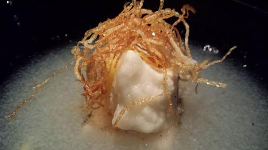 #5 crispy sweet potatoes on steamed sea bream on japaenese rice cake