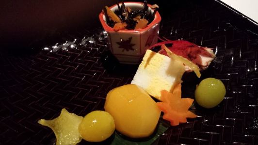 #2 ayu fish, tam ago, ginkgo nuts, chestnut, crispy sweet potato, seaweed