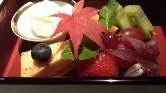 #11 dessert - yuzu ice cream, kiwi fruit, grapes, strawberries, blue berries, cheese cake slice