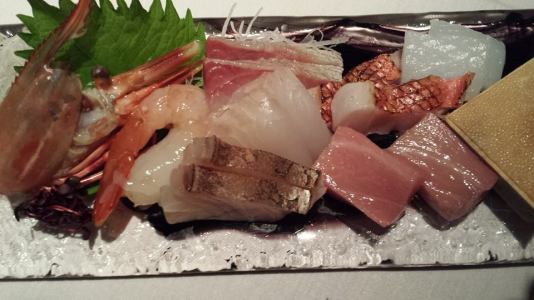 #4 sashimi moriawase 1pax = botan ebi, sawala (spanish mackerel), chutoro, ika, kinmedai, tai, hamachi