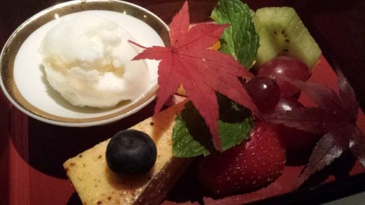 #11 dessert - yuzu ice cream, kiwi fruit, grapes, strawberries, blue berries, cheese cake slice