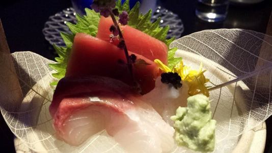 #2 sashimi - hamachi, maguro & white prawns topped with caviar