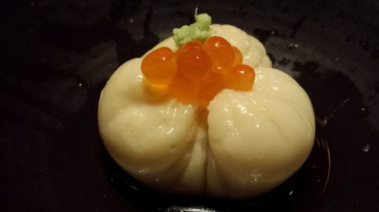 #1 japanese taro, hokkaido uni in sesame tofu topped with ikura