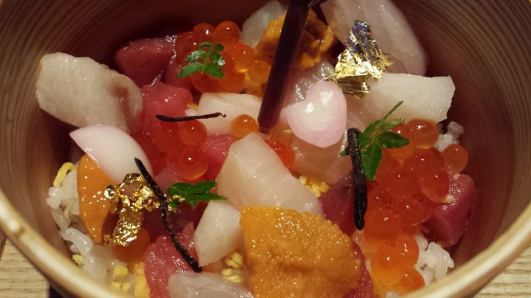 #5 osaka styled barachirashi don - uni, maguro, tai, kampachi, kajiki, ikura, lily bulb