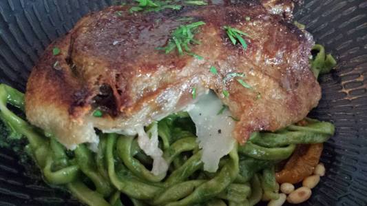duck leg confit, pesto tagliatelle