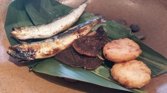 fish, fish cake, mushrooms