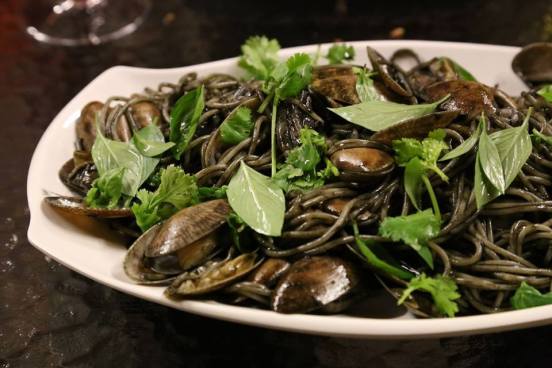 squid ink manila clams with squid spaghetti