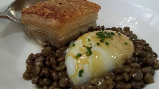 belly pork, lentils, poached egg