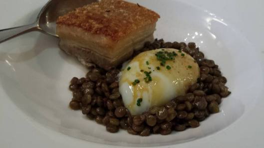 belly pork, lentils, poached egg