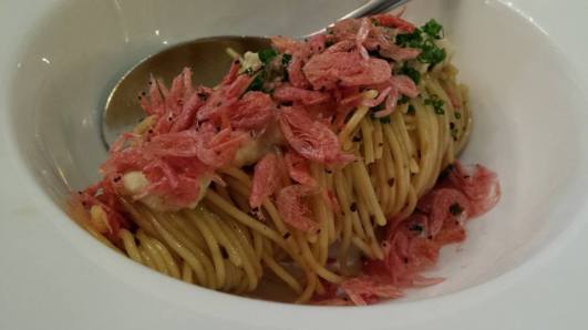 capellini, minced prok sauce, sakura ebi