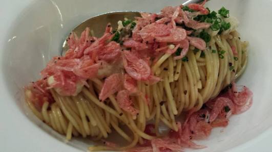 capellini, minced prok sauce, sakura ebi