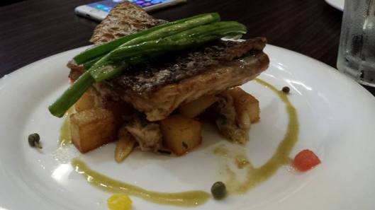pan-seared seabass, potato, crabmeat