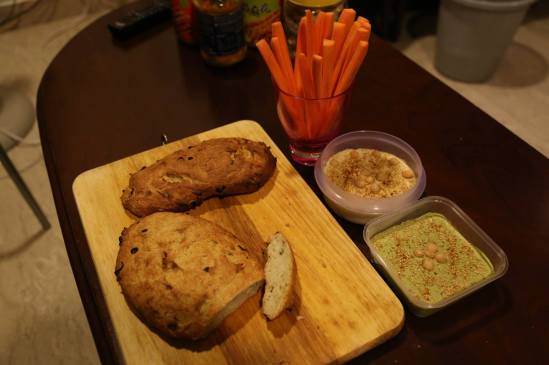 bread, hummus, carrot sticks