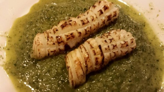 flamed squid with spinach sauce