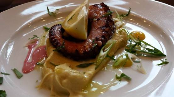 octopus with fava -split pea puree