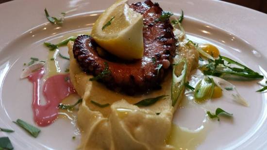 octopus with fava -split pea puree