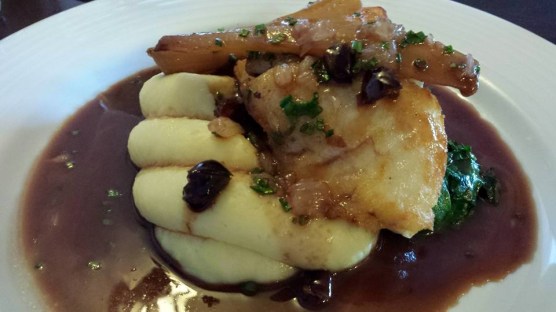 pan-fried turbot with lemon, salsify dates & red wine sauce