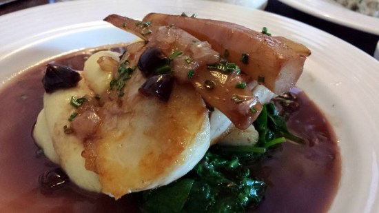 pan-fried turbot with lemon, salsify dates & red wine sauce